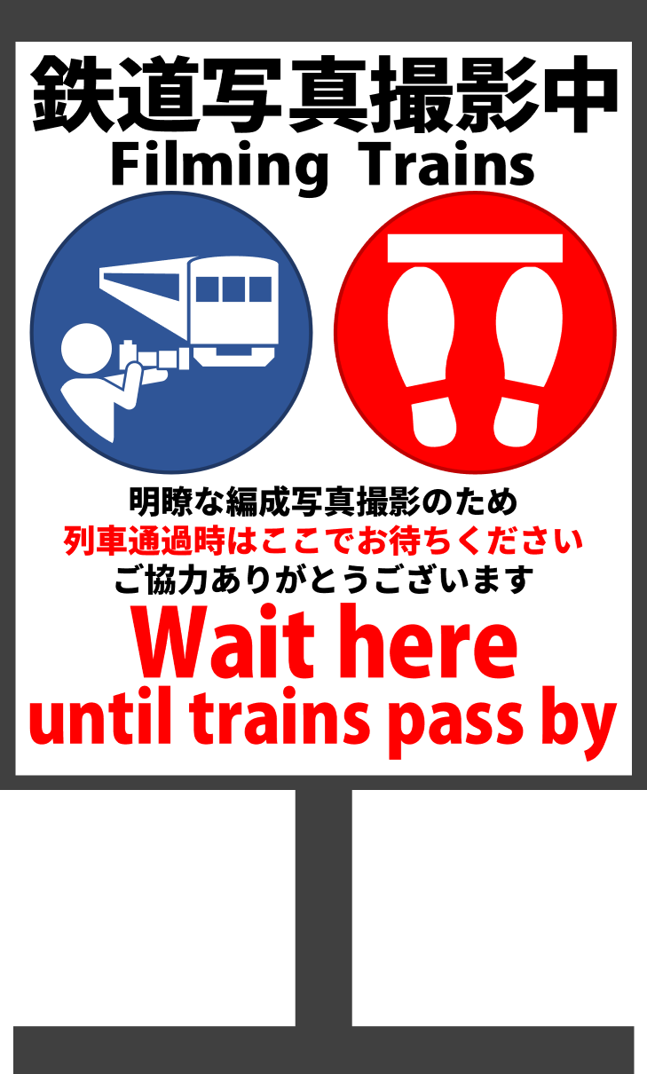 撮り鉄のピクトグラムを使った看板の例. 上から「鉄道写真撮影中」「Filming Trains」, ピクトグラム, 「明瞭な編成写真撮影のため列車通過時はここでお待ちください ご協力ありがとうございます」「Wait here until trains pass by」と書かれている.