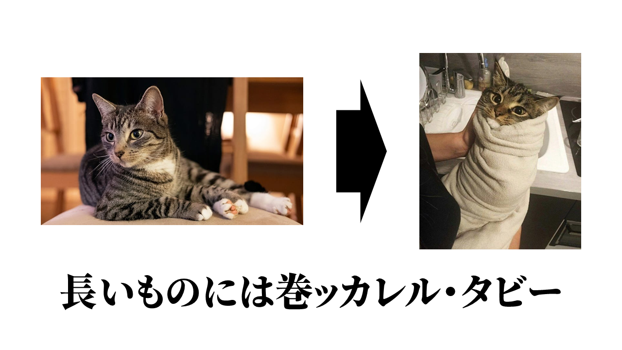 サバトラ模様の猫がタオルにくるまれる様子に「長いものには巻ッカレル・タビー」と題されている.